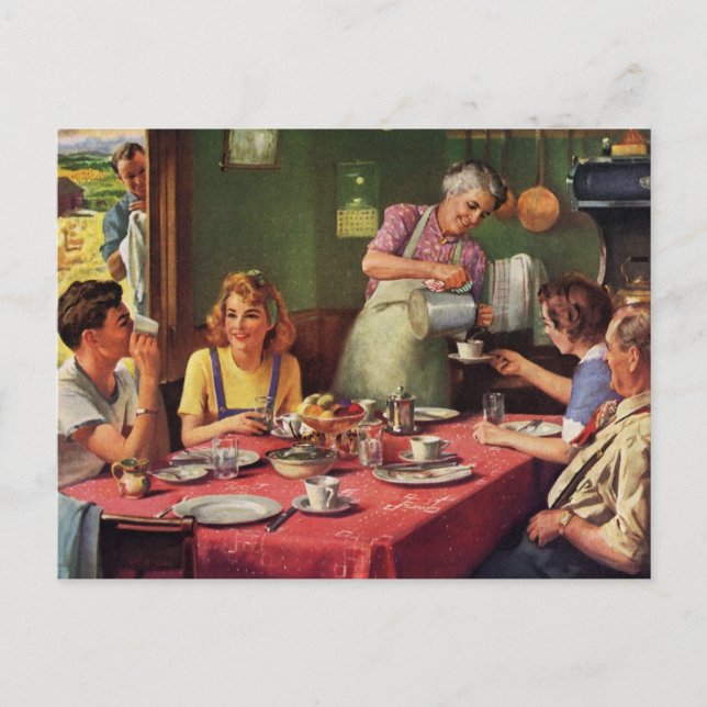 Vintage Family Eating Breakfast in the Kitchen Postcard (Front)