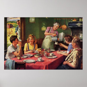Vintage Family Eating Breakfast in the Kitchen Poster