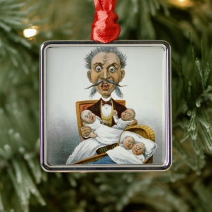 Vintage Family, Father with Babies and Poker Hand Metal Ornament