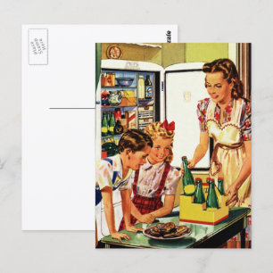 Vintage Family in the Kitchen Mom Dad Kids Snack Postcard