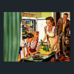 Vintage Family in the Kitchen Mom Dad Kids Snack Poster<br><div class="desc">Vintage illustration daily life scene featuring a family with mom and the children in the kitchen about to have an afternoon snack with bottles of soda and fresh baked cookies. The refrigerator door is open and dad is walking in from a long hard day at work.</div>