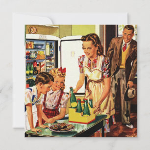 Vintage Family, Mom with Kids, Snacks in Kitchen  Invitation