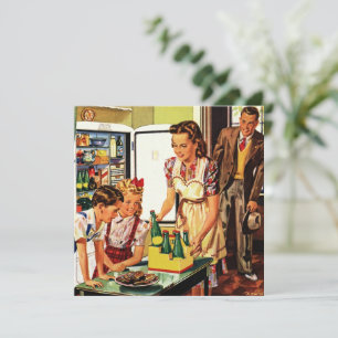 Vintage Family, Mom with Kids, Snacks in Kitchen  Invitation