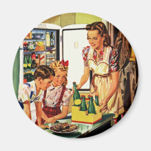 Vintage Family, Mom with Kids, Snacks in Kitchen  Magnet