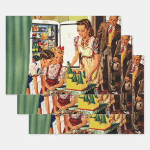 Vintage Family, Mom with Kids, Snacks in Kitchen  Wrapping Paper Sheet
