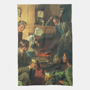 Vintage Family Party, Cooking Steaks Drinking Beer Kitchen Towel