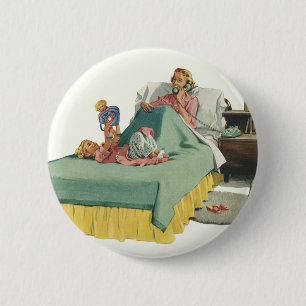 Vintage Family Serving Mom Breakfast in Bed 2 Inch Round Button