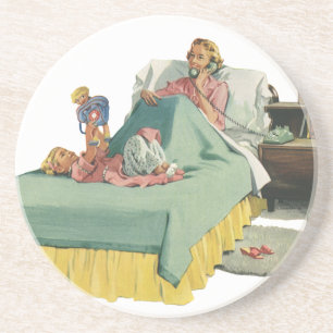Vintage Family Serving Mom Breakfast in Bed Coaster