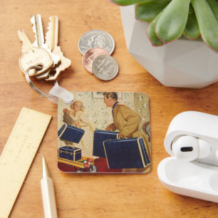 Vintage Family Vacation, Dad, Kids and Suitcases Keychain