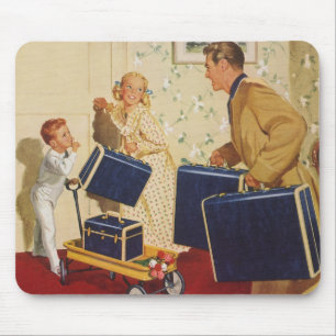 Vintage Family Vacation, Dad, Kids and Suitcases Mouse Pad