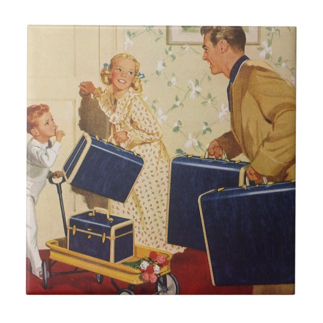 Vintage Family Vacation, Dad, Kids and Suitcases Tile (Front)
