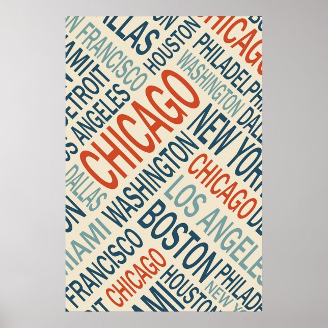 Vintage Famous Cities USA Word Cloud Poster (Front)