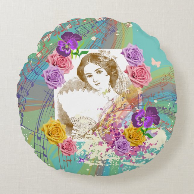 Vintage Fan Lady Music & Flowers Teal Round Pillow (Front)