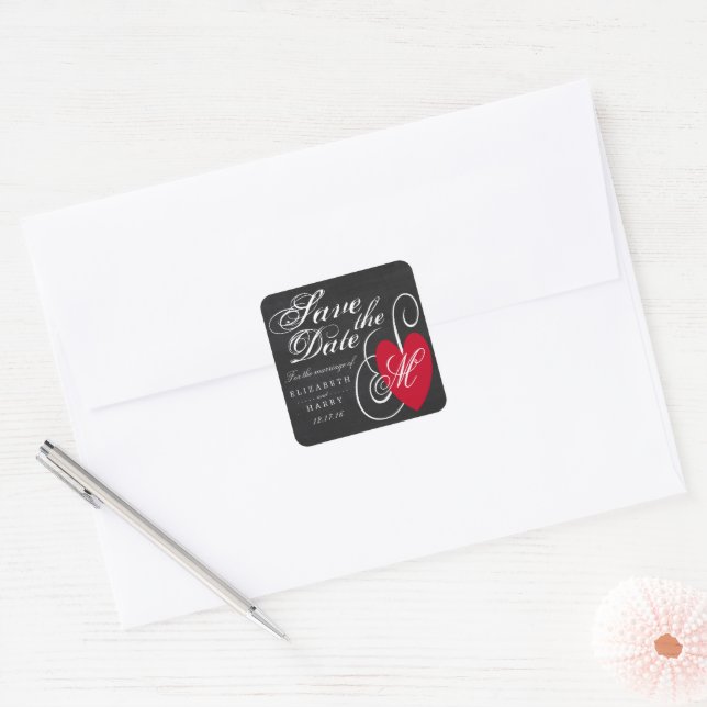 Vintage Fancy Heart - Chalkboard Save the Date Square Sticker (Envelope)