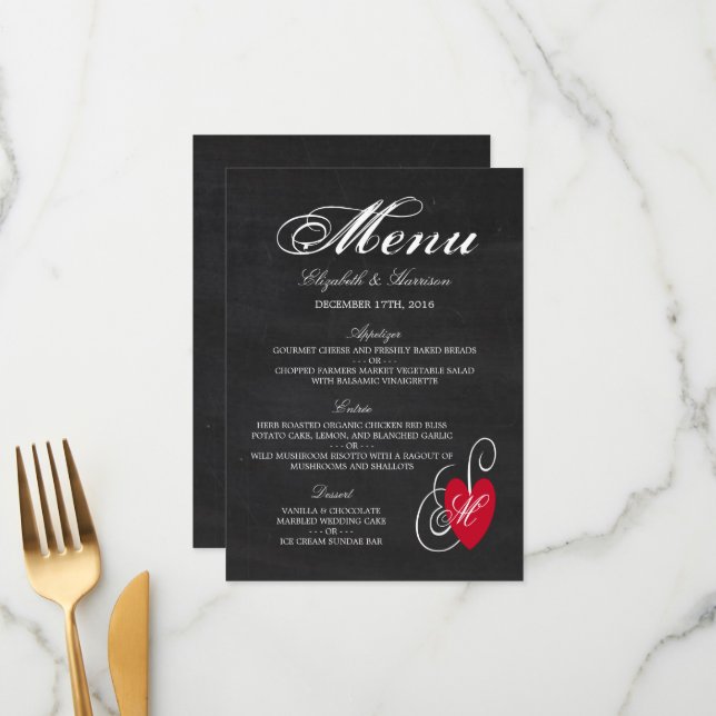 Vintage Fancy Heart - Chalkboard Wedding Menu (Front/Back In Situ)
