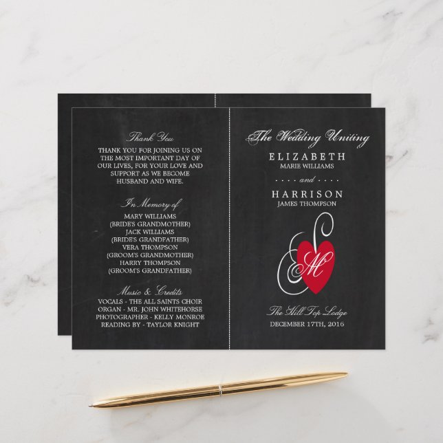 Vintage Fancy Heart - Chalkboard Wedding Programme (Front/Back In Situ)