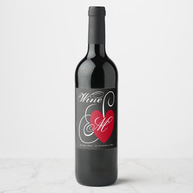 Vintage Fancy Heart - Chalkboard Wedding Wine Label (Front)