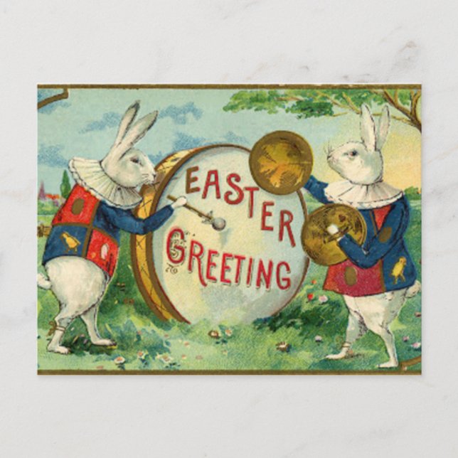 Vintage Fancy Rabbits With Drum Easter Greetings Postcard (Front)