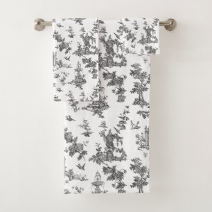 Vintage Fantastic Fountains and Trees Toile-B & W Bath Towel Set