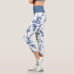 Vintage Fantastic Fountains and Trees Toile-Blue Capri Leggings<br><div class="desc">Historic seamless adaptation of a John Munn English engraved toile de jouy textile pattern ca 1770s featuring a classic monument to Shakespeare,  fountains,  birds and exotic florals. Blue on white background. Waistband colour is customizable.</div>