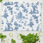 Vintage Fantastic Fountains and Trees Toile-Blue Kitchen Towel<br><div class="desc">Historic seamless adaptation of a John Munn English engraved toile de jouy textile pattern ca 1770s featuring a classic monument to Shakespeare,  fountains,  birds and exotic florals. Blue on white background.</div>