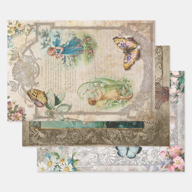 Vintage Fantasy Ephemera Decoupage Wrapping Paper Sheet (Set)