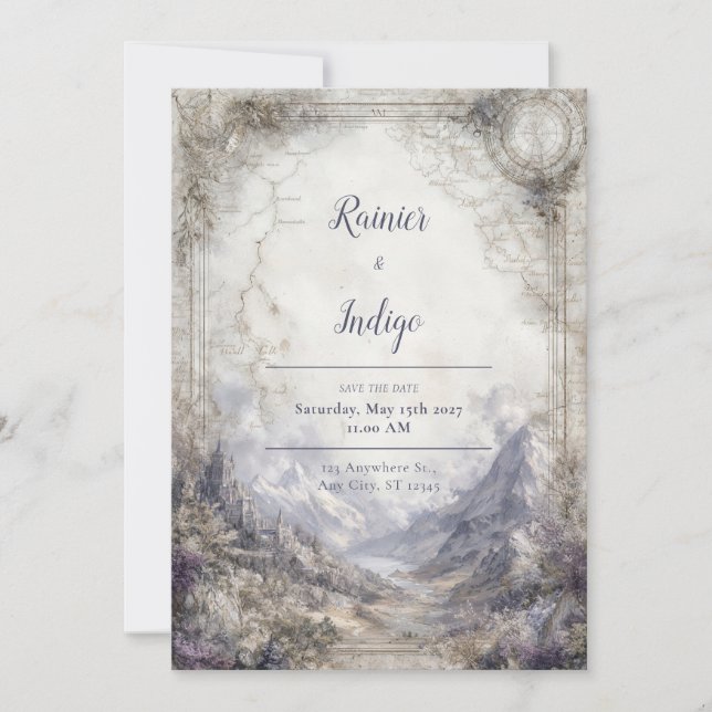 Vintage Fantasy Map Castle Mountain Wedding Invitation (Front)