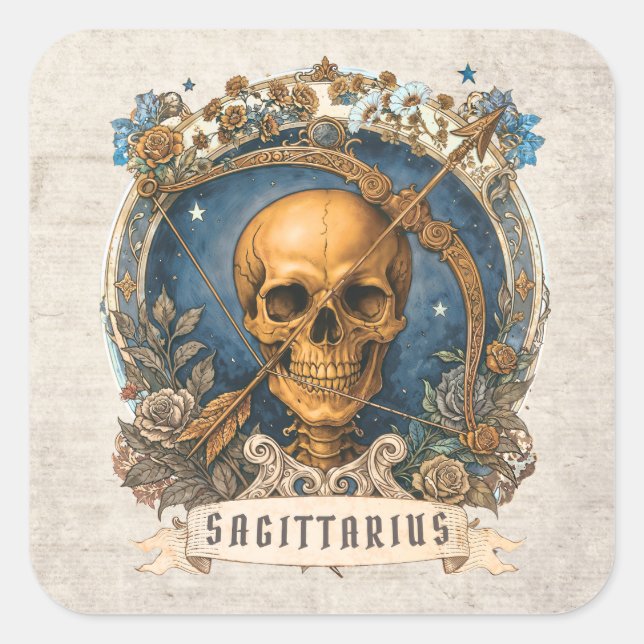 Vintage Fantasy Zodiac Sagittarius Unique Skull Square Sticker (Front)