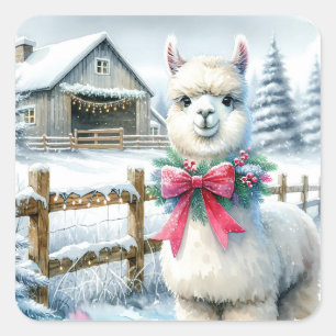 Vintage Farm and Cute Alpaca Christmas Square Sticker