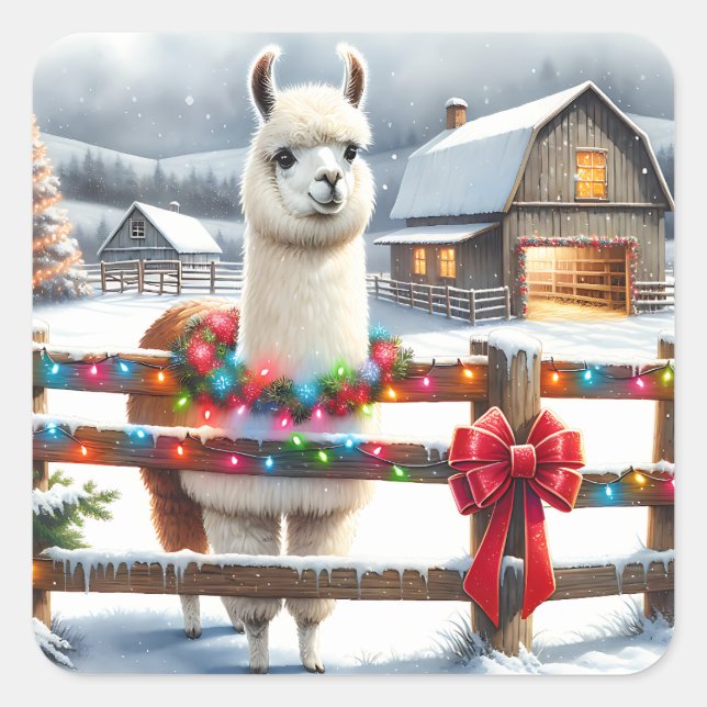 Vintage Farm and Cute Llama Christmas  Square Sticker (Front)