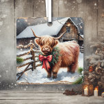 Vintage Farm and Highland Cow Christmas  Metal Ornament<br><div class="desc">Personalized square Christmas ornament. A vintage farm with a baby Highland cow standing outside on a snowy winter day.</div>
