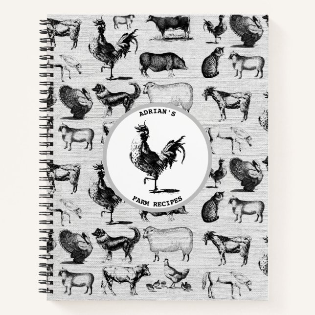 Vintage Farm Animal Rustic Collage Recipe Cookbook Notebook (Front)