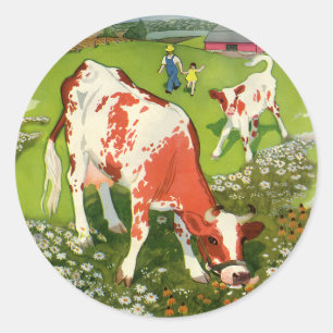 Vintage Farm Animals, Cows Grazing with Farmer Classic Round Sticker