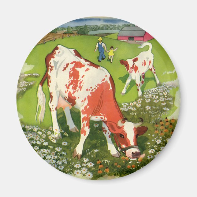 Vintage Farm Animals, Cows Grazing with Farmer Magnet (Front)