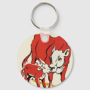 Vintage Farm Animals, Mama Cow with Her Baby Calf Keychain
