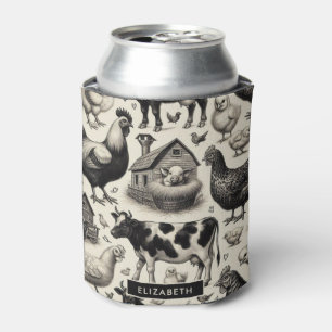 Vintage Farm Animals Painting Can Cooler