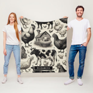 Vintage Farm Animals Painting Fleece Blanket