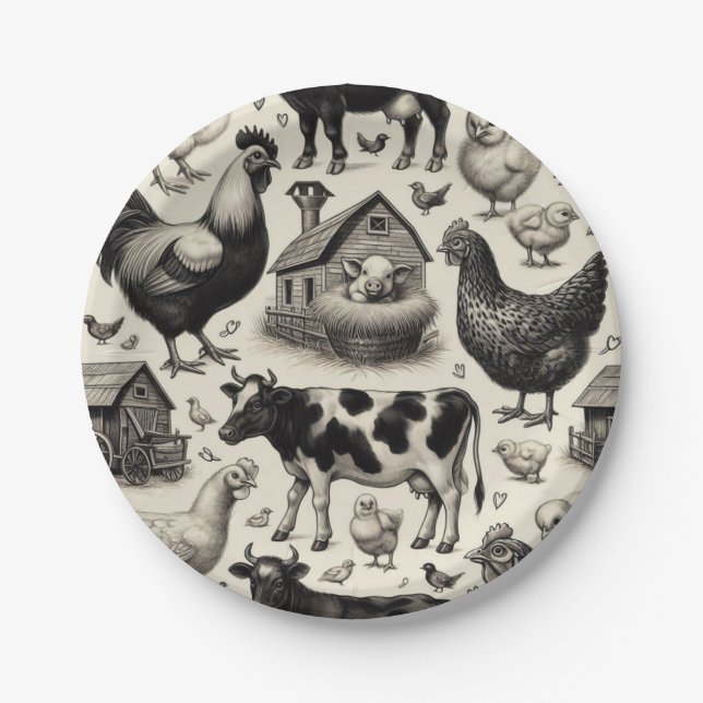 Vintage Farm Animals Painting Paper Plate (Front)