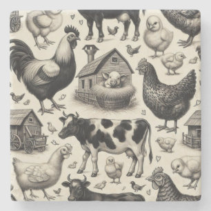 Vintage Farm Animals Painting Stone Coaster