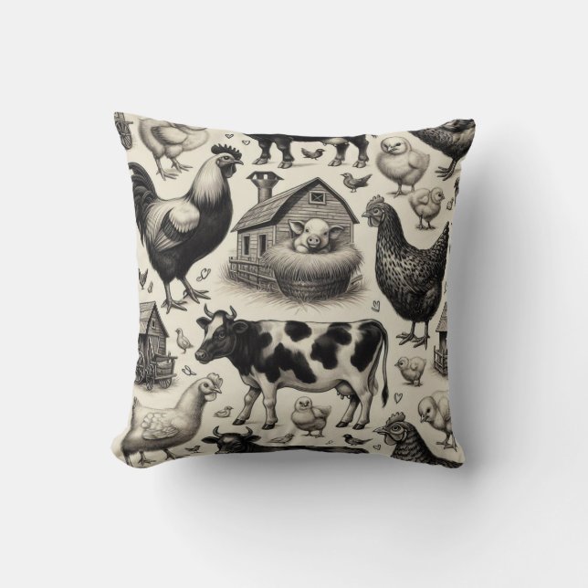Vintage Farm Animals Painting Throw Pillow (Front)