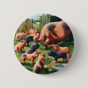 Vintage Farm Animals, Pig with Cute Baby Piglets 2 Inch Round Button
