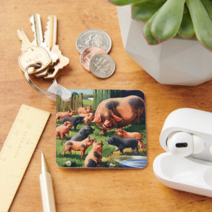 Vintage Farm Animals, Pig with Cute Baby Piglets Keychain