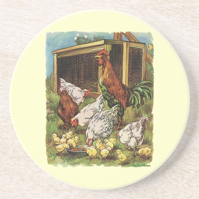 Vintage Farm Animals, Rooster, Hens, Chickens Coaster (Front)