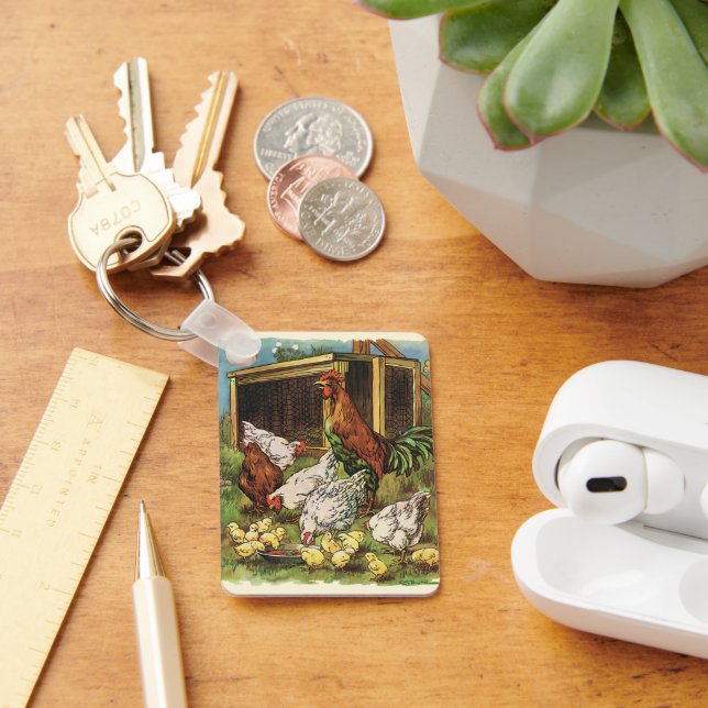Vintage Farm Animals, Rooster, Hens, Chickens Keychain (Desk)