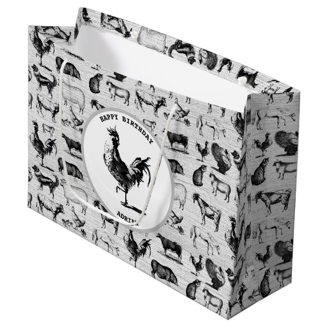 Vintage Farm Animals Rustic Collage Large Gift Bag (Front Angled)