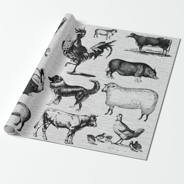 Vintage Farm Animals Rustic Collage  Wrapping Paper (Unrolled)