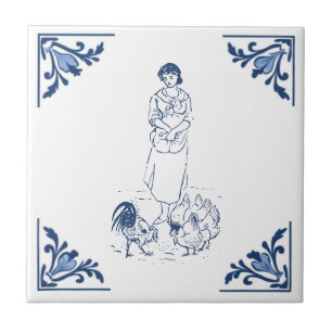 Vintage Farm Feeding Chickens Delft Blue White Tile