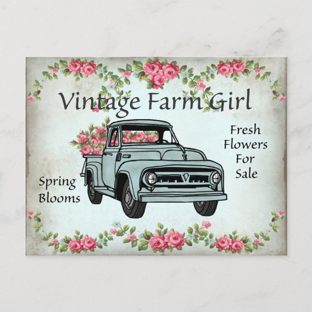 Vintage Farm girl truck postcard (Front)