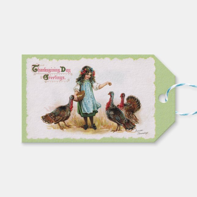 Vintage Farm Girl & Turkeys Gift Tag (Front (Horizontal))