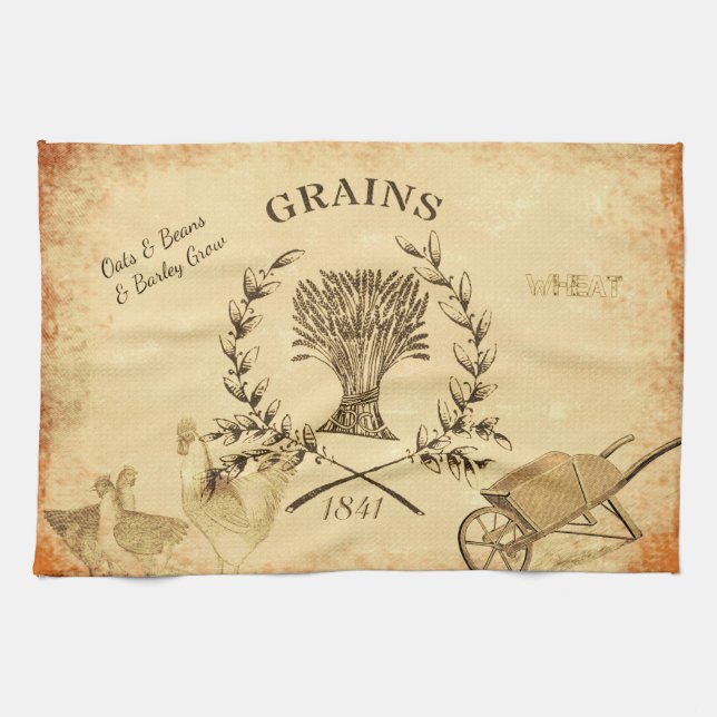 Vintage Farm Grain Sack Chicken Collage Kitchen Towel (Horizontal)